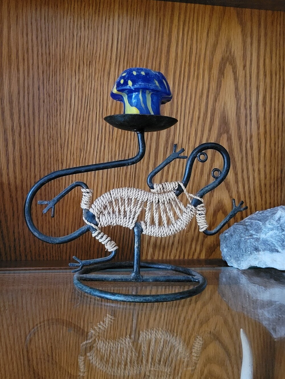 Vintage Metal Reptile Candle Holder and Mushtoom CANDLE INCL.
